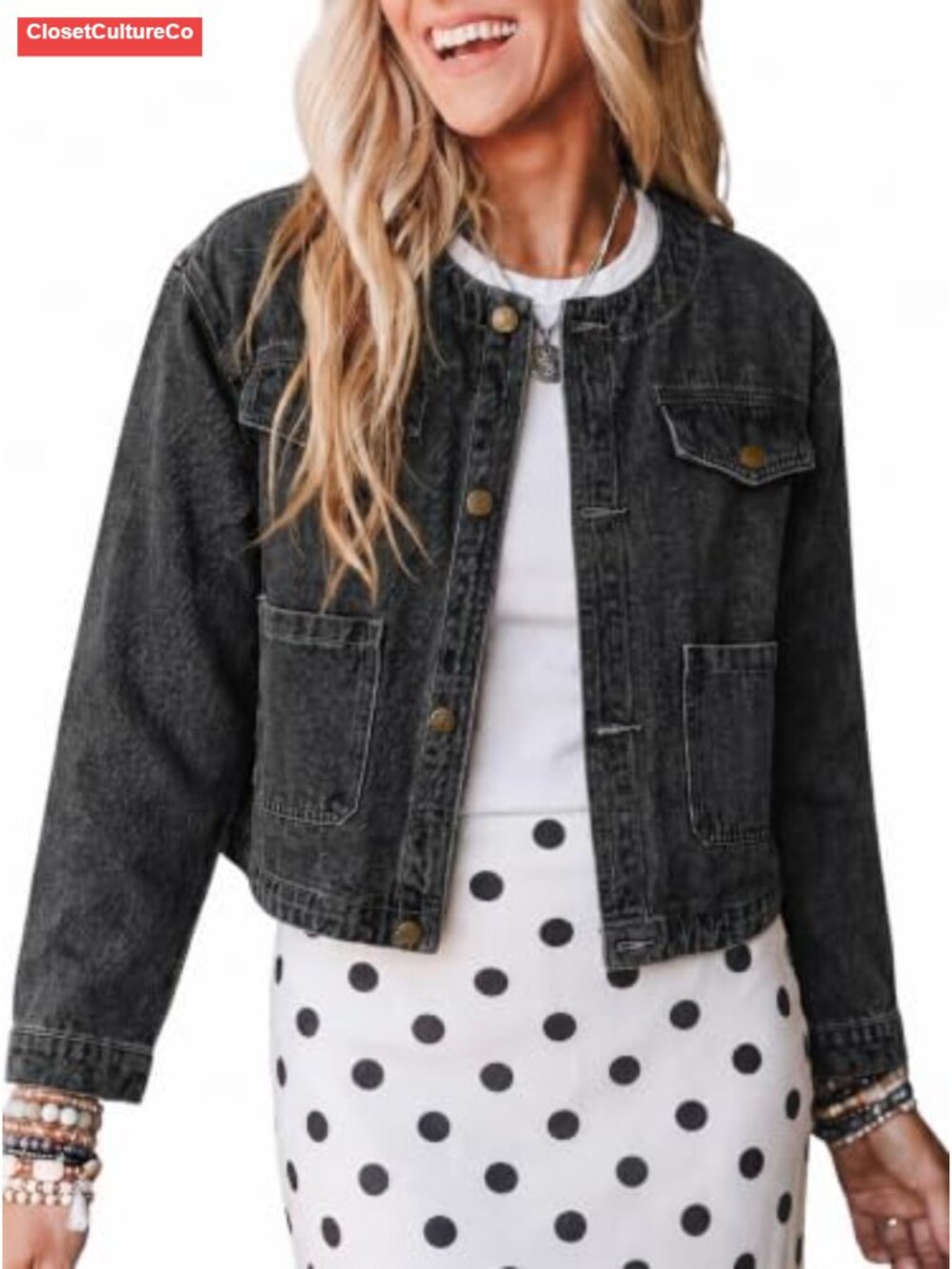 Collarless Crop Denim Jacket Button Down Casual Fall Coat